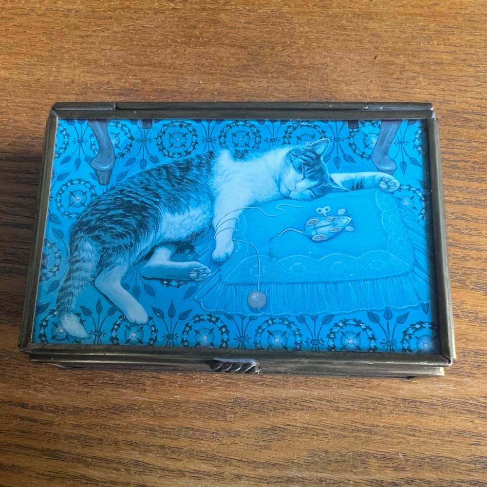 Stained Glass Brass Trinket Box Cat and mouse